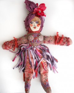 embroidered beaded spirit doll ceramic face Sarajane Helm